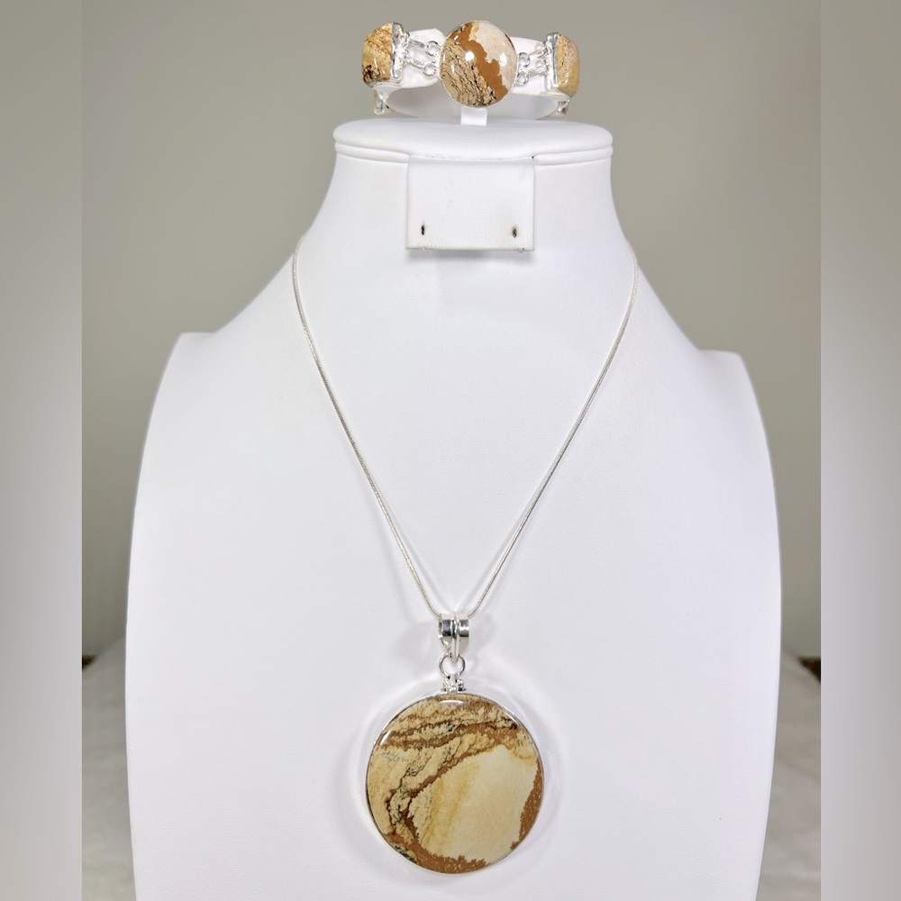 Picture Jasper 925 Large Circle Gemstone Pendant & Bracelet